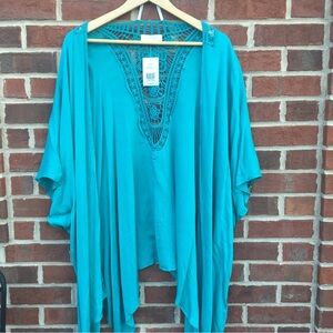 Boho Kimono Cardigan Crochet Back Turquoise Open Waterfall Front New Directions
